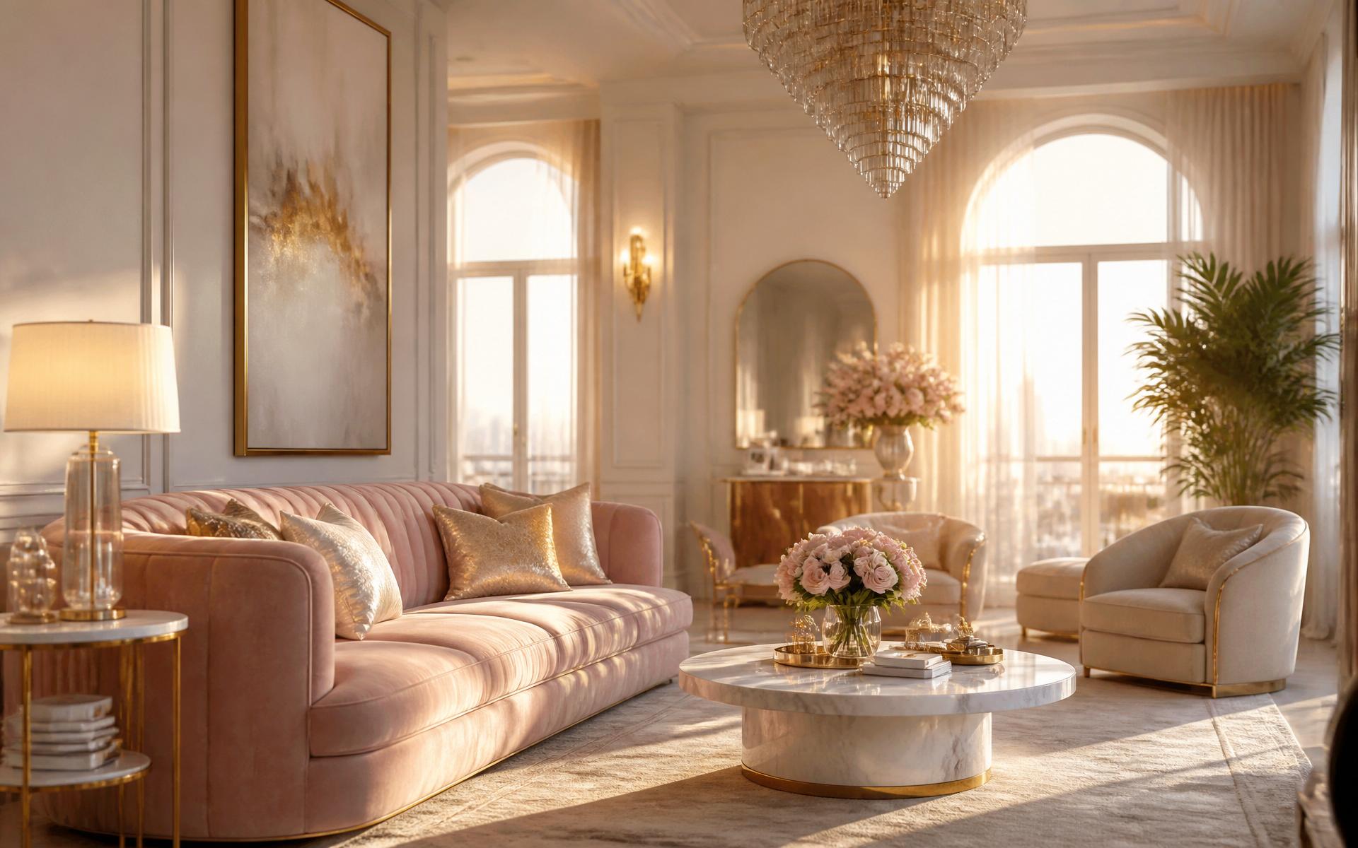 Luxury blush living room with marble coffee table